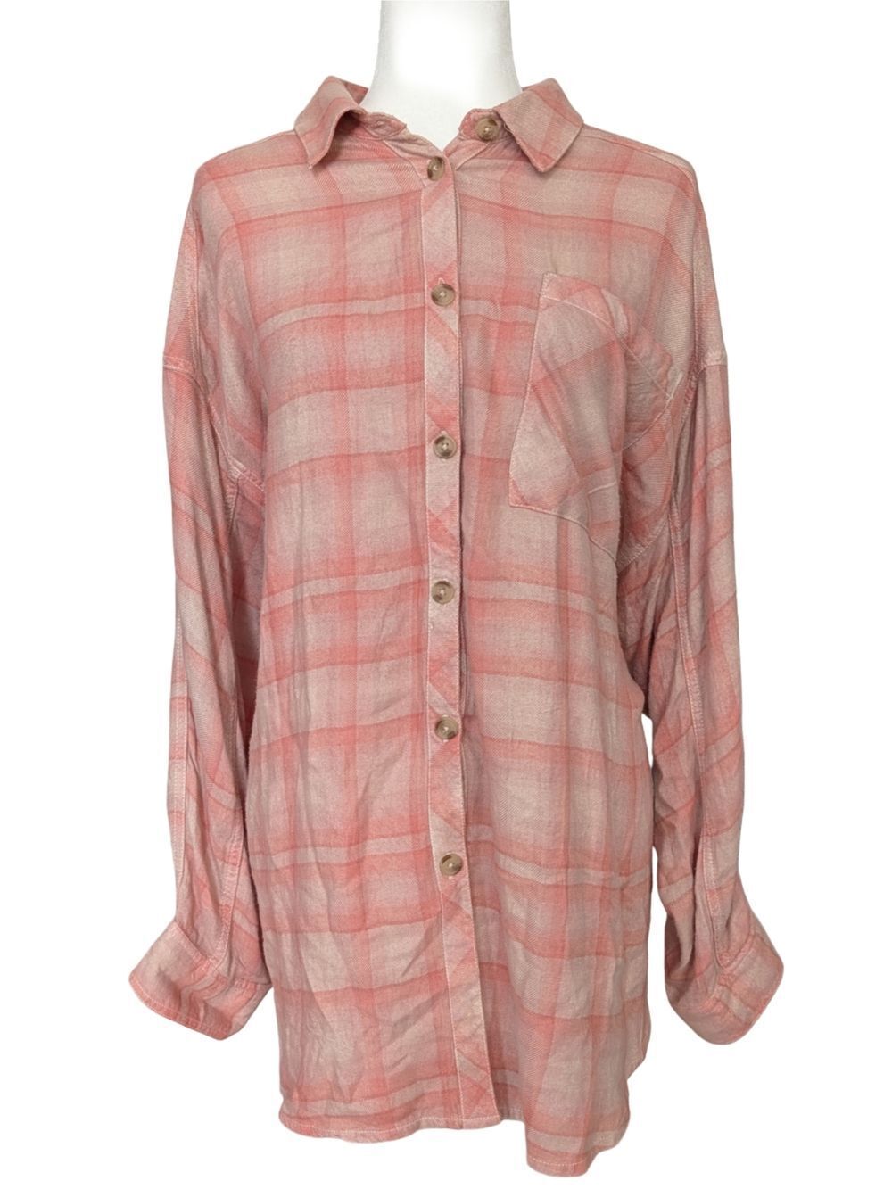 Free People Womens Light Pink Plaid Button Up Flannel Shirt Size Small